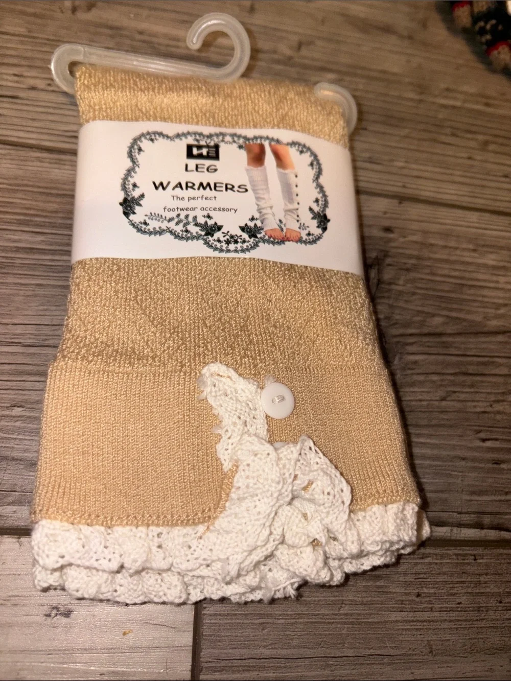 NWT leg warmers- Beige with white Crochet trim